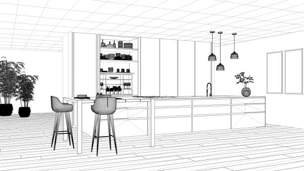 istock Blueprint project draft, minimalist kitchen, island, table, stools and open cabinet with accessories, window, bamboo, hydroponic vases, parquet , interior design concept idea 1473540977