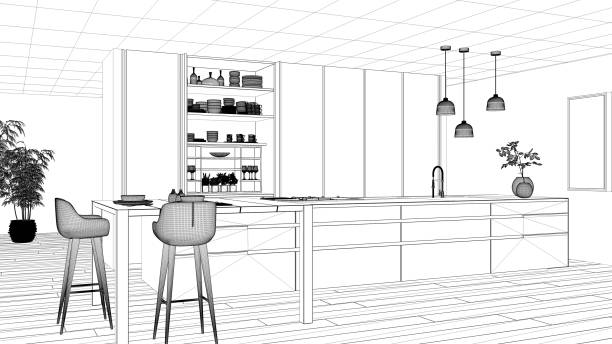 istock Blueprint project draft, minimalist kitchen, island, table, stools and open cabinet with accessories, window, bamboo, hydroponic vases, parquet , interior design concept idea 1473540978