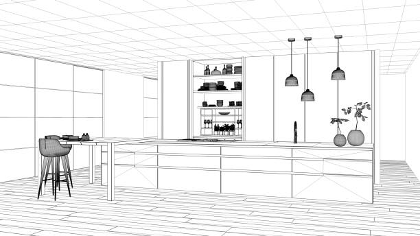 istock Blueprint project draft, minimalist kitchen, island, table, stools and open cabinet with accessories, window, bamboo, hydroponic vases, parquet , interior design concept idea 1473540987