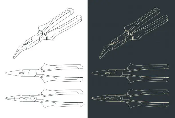 Vector illustration of Bent long nose pliers blueprints