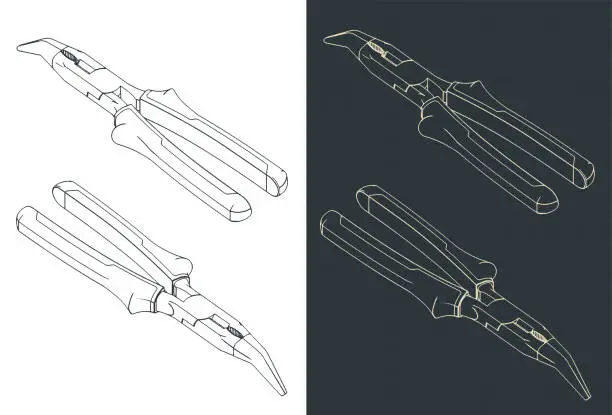 Vector illustration of Bent long nose pliers isometric blueprints