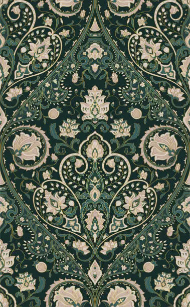 Vector illustration of Green damask ornament with flowers.