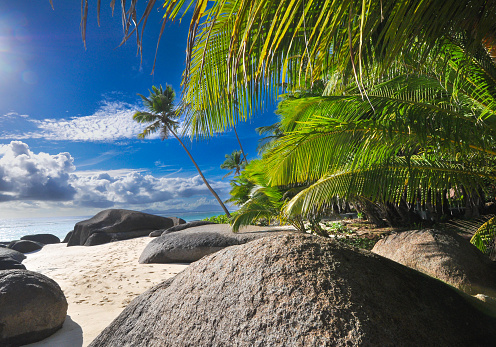 Silhouette Island, Seychelles tropical vacation destination, sand beach blue indian ocean, luxury holiday on volcanic island