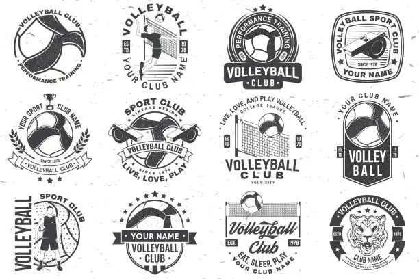 Vector illustration of Set of Volleyball club badge, logo design. Vector illustration. For college league sport club, summer camp emblem, sign, logo. Vintage monochrome label, sticker, patch with volleyball ball, player and referee whistle silhouettes.