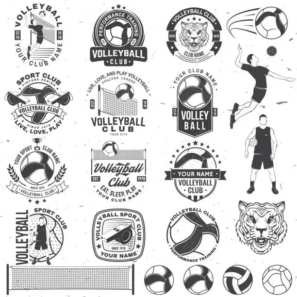Vector illustration of Set of Volleyball club badge, logo design. Vector illustration. For college league sport club, summer camp emblem, sign, logo. Vintage monochrome label, sticker, patch with volleyball ball, player and referee whistle silhouettes.