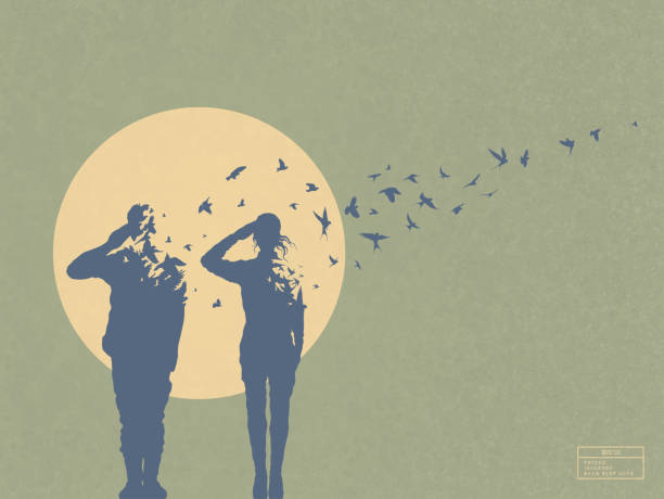 Dying soldiers silhouettes Death, afterlife. Flock of flying birds female combat soldier stock illustrations