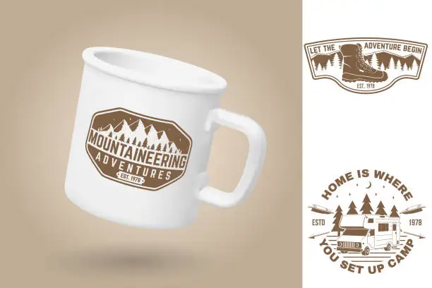 Vector illustration of White camping cup. Realistic mug mockup template with sample design. Vector 3d illustration. Mountaineering adventures. Summer camp. Quotes about camping with mountains, camper rv, hiker boots and forest silhouette