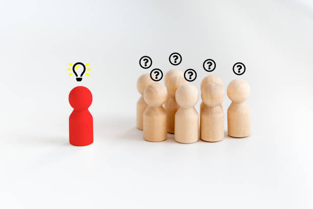 istock Outstanding red people model with light bulb icon and question mark symbol. Concept creative idea and innovation. Human resource and talent management 1473548039