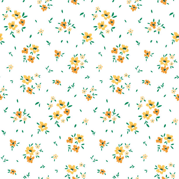 Seamless floral pattern, liberty ditsy print with cute small yellow flowers in simple bouquets on a white background. Vector. Seamless floral pattern, liberty ditsy print with mini cute flowers. Pretty botanical design of hand drawn flora: yellow flowers, tiny leaves, simple bouquets on white background. Vector illustration. cute simple drawings pictures stock illustrations