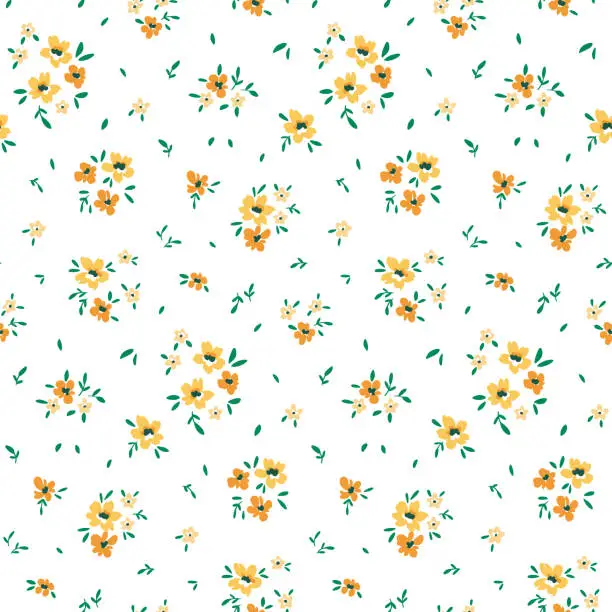 Vector illustration of Seamless floral pattern, liberty ditsy print with cute small yellow flowers in simple bouquets on a white background. Vector.