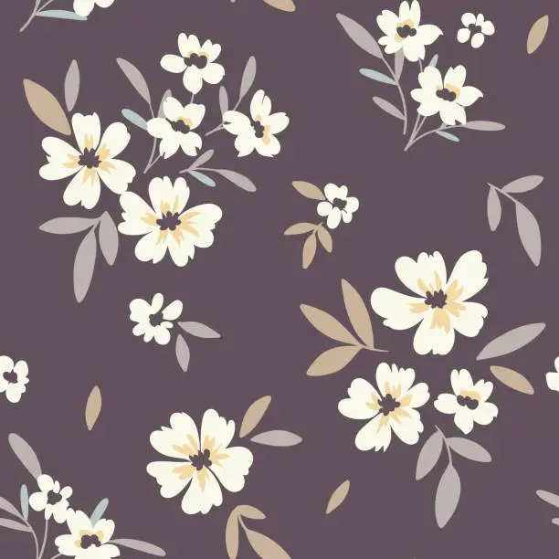 Vector illustration of Seamless floral pattern, vintage ditsy print with small white flowers on a dark background. Vector.