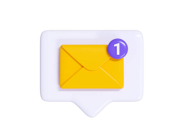 istock Message notification 3d render - yellow closed envelope with number notice on white speech bubble. 1473549981