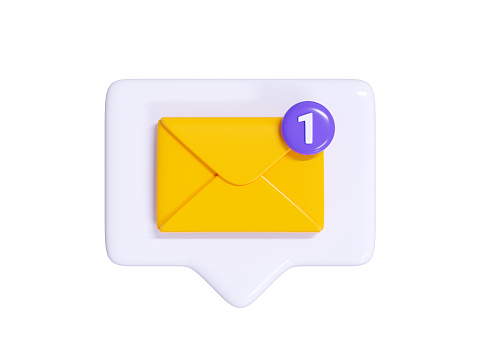 Message notification 3d render - yellow closed envelope with number notice on white speech bubble. New income message or newsletter icon. Chat reminder about mailbox receive.