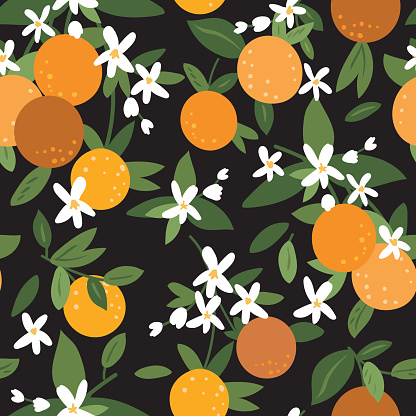 Bright oranges on a colored background in a seamless pattern.