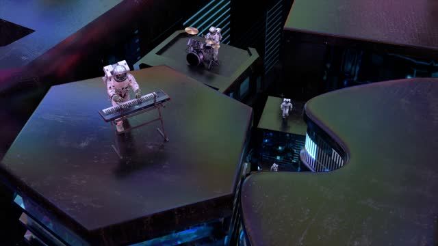 A musical group of astronauts on rising platforms. Black marble, blue neon light. 3d animation of a seamless loop.