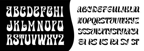 A set of modern trendy fonts A set of modern trendy fonts with a big set of different ligatures, theese font can be used for a logos as well as for manu other uses psychedelia stock illustrations
