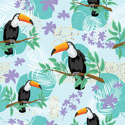 Repeating background pattern of Toucans and leaves