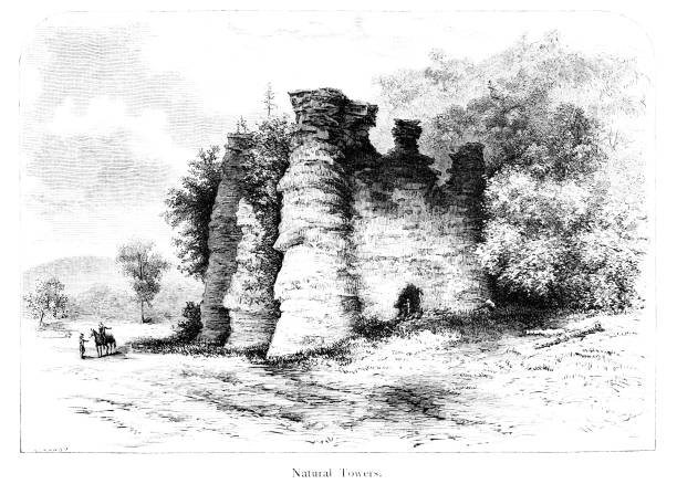 Tourists visit Natural Towers, Virginia, USA. Pen and pencil engravings, published 1872. This edition edited by William Cullen Bryant is in my private collection. Copyright is in public domain.