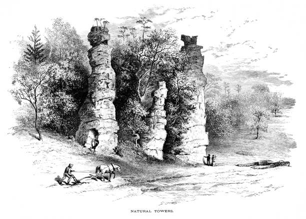 A farmer plows by Natural Towers, Virginia, USA. Pen and pencil engravings, published 1872. This edition edited by William Cullen Bryant is in my private collection. Copyright is in public domain.