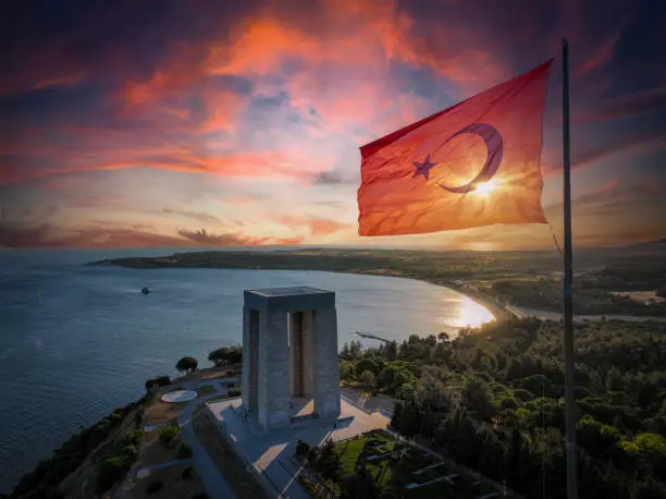 Photo of Canakkale - Turkey, Gallipoli peninsula, where Canakkale land and sea battles took place during the first world war. Martyrs monument and Anzac Cove. Photo shoot with drone in sunset landscape.