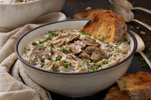Creamy Chicken and Wild Mushroom Soup with Toasted French Bread