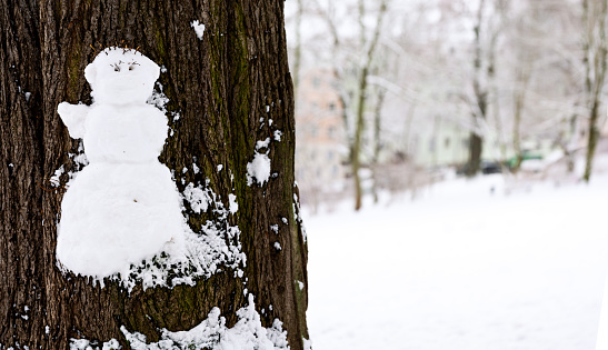 Closeup of a snow man on a tree trunk of a public park in a cold winter say