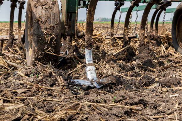 close-up de cultivador de campo trabalhando solo em campo agrícola. conceito de estação de plantio, lavoura e manutenção de equipamentos agrícolas - controla da erosão - fotografias e filmes do acervo