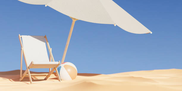 istock Beach chair with umbrella and ball. 3d render 1473556859