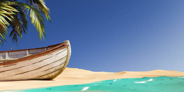 3D rendering of picturesque scenery of aged wooden boat on sandy beach near green palm tree and waving turquoise sea sea under cloudless blue sky on sunny day