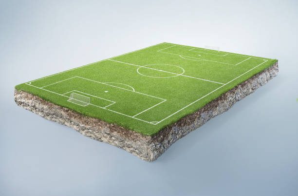 Sport. Soccer 3d render stadium.  3d illustration with cut of the ground. Baby soccer stadium. stock photo