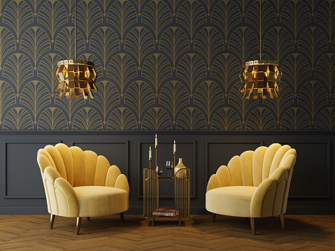 Interior Art Deco en estilo clásico con sillones amarillos y lámpara.3d renderizado photo