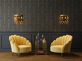 Art Deco interior in classic style with yellow armchairs and lamp.3d rendering