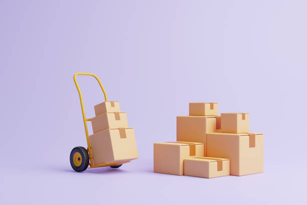 istock Brown cardboard boxes with hand truck on pastel lilac background 1473560643