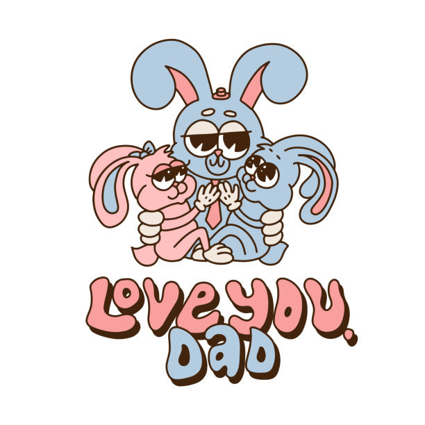 FATHERS DAY greeting card. Daddy Hare Hugs His Son and daughter. Holiday Parental Relationship retro groovy Animal characters. Handwriting lettering Text - Love you, dad. Vector Illustration For Print FATHERS DAY greeting card. Daddy Hare Hugs His Son and daughter. Holiday Parental Relationship retro groovy Animal characters. Handwriting lettering Text - Love you, dad. Vector Illustration handwriting font not script stock illustrations