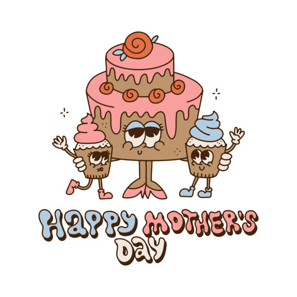 illustrazioni stock, clip art, cartoni animati e icone di tendenza di torta e due piccoli cupcakes famiglia. personaggi dei cartoni animati retrò. mamma groovy con figlio e figlia. poster nostalgico con scritta happy mothers day. illustrazione del contorno vettoriale. stile hippie anni '60 - anni '80 - mothers day mother flower child