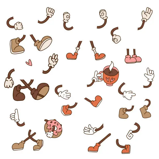 Vector illustration of Retro cartoon legs, arms gestures and hands poses collection. Comic funny character foot in boots and hands in gloves. Animation mascot body parts set. Vector hand drawn illustration.