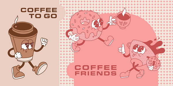 Monochrome Retro Cartoon posters set for coffee shop with mascot coffee cups and donuts in wintage 50s 60s aesthetic style. Marketing banner material. Contour vector illustration