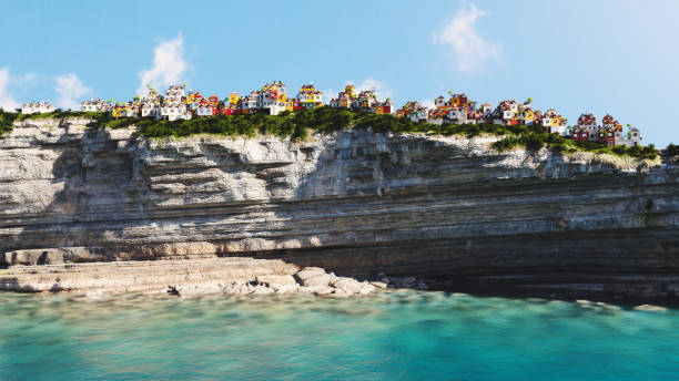 Colorful small houses, crowded village on a cliff by the sea