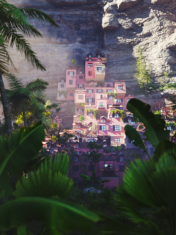Colorful small houses, crowded village on a cliff in the jungle