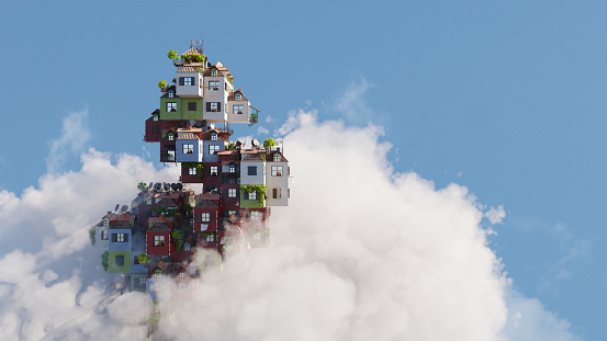 Colorful houses rising high above the clouds