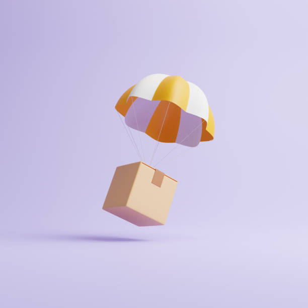 istock Brown parcel cardboard box with yellow and white parachute on pastel lilac background 1473562159