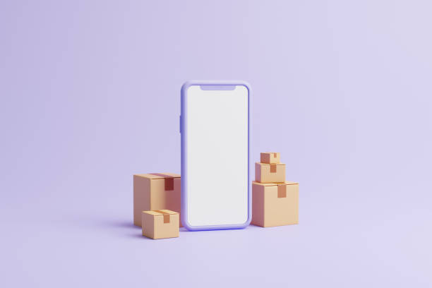 istock Smartphone with group of cardboard boxes on pastel lilac background. Mock up design 1473562161