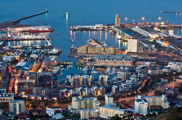Victoria and Albert Waterfront high angle panoramic view, sunset, Cape Town, Western Cape Province, South Africa.