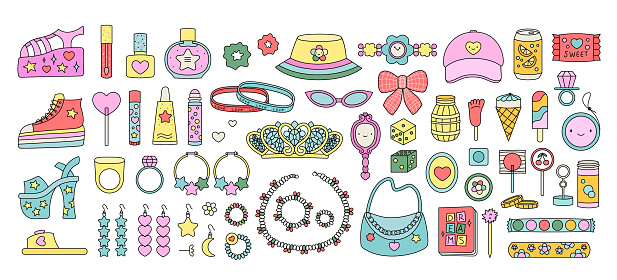 Big set y2k fashion and food elements in trendy retro cartoon style. Sandals, sneakers, ice cream, sunglasses, earrings, beaded choker, 90s stickers.