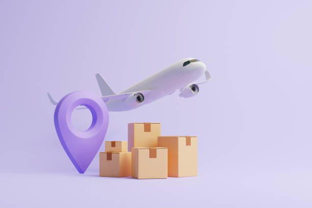 Group of brown cardboard boxes with violet location pointer and flying airplane on pastel lilac background