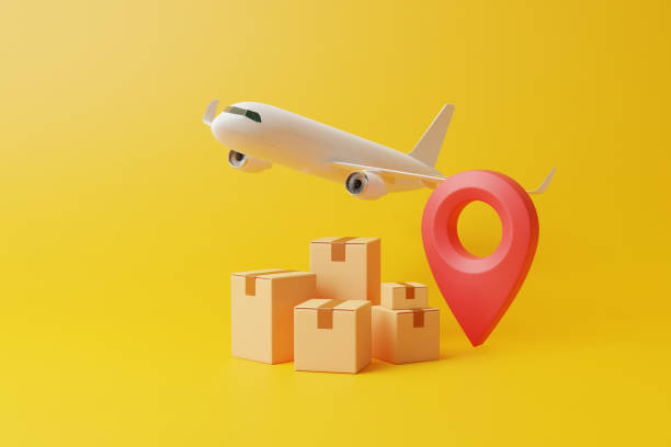 istock Group of brown cardboard boxes with red location pointer under flying airplane on yellow background 1473565176