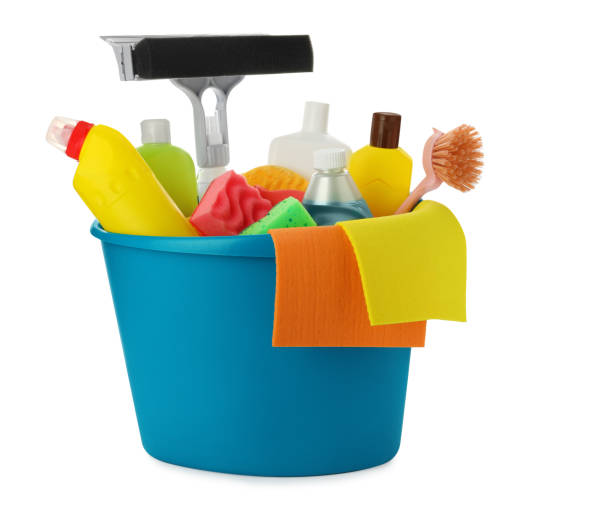 istock Light blue plastic bucket with cleaning supplies and tools isolated on white 1473568936