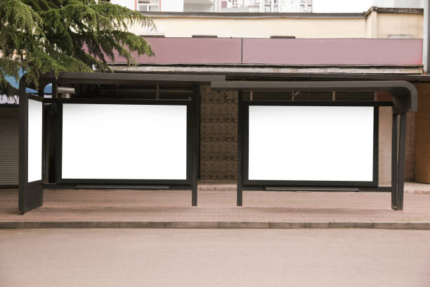 istock Blank advertising boards on transport stop. Space for design 1473568987