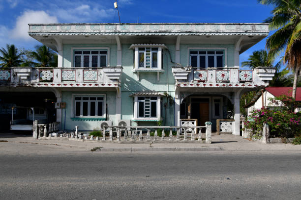 Meneng District, Nauru: derelict old façade of a colonial period building on the island ring road