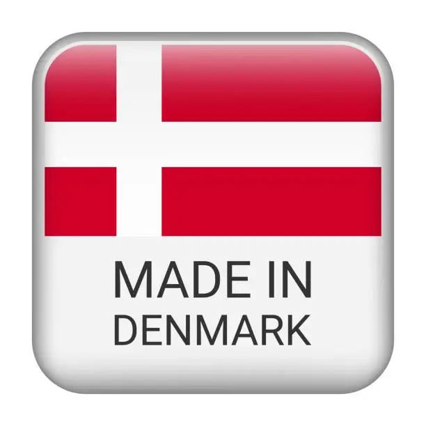 Vector illustration of Made in Denmark badge vector. Sticker with stars and national flag. Sign isolated on white background.